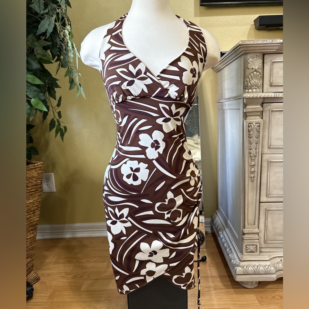 La Belle Vintage Y2K Brown Tropical Halter Midi Dress Size S Made in USA